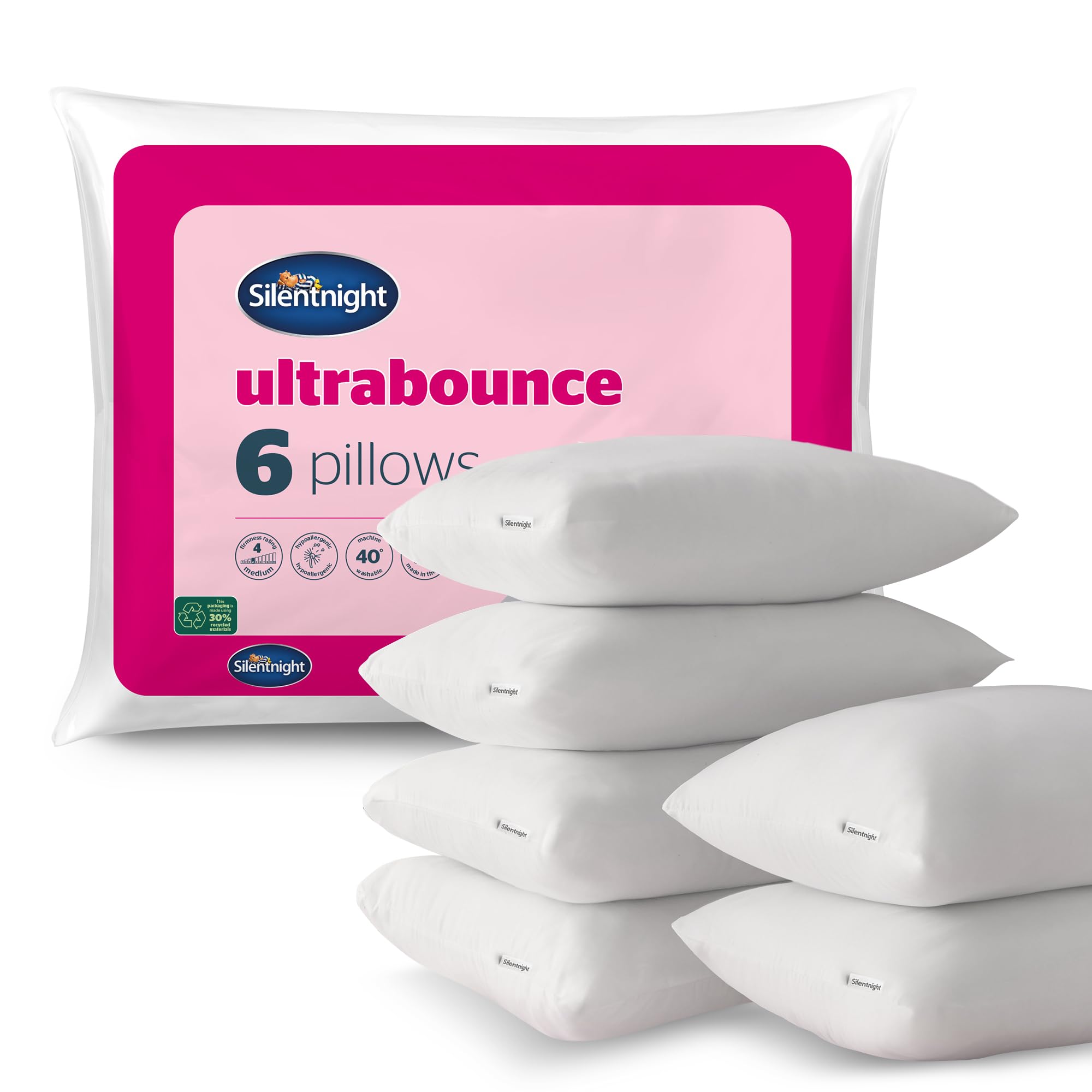 Silentnight Pack of 6 Pillows - Microfibre - White - Hollowfibre Filling - All Sleep Positions