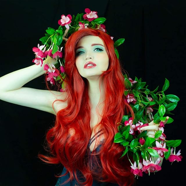 Foto 6 de 6 de ATAYOU Mujer Larga Roja Peluca Sintética Cosplay Para Mujer Halloween Y Fiesta De Disfraces Con 1 Gorra Libre