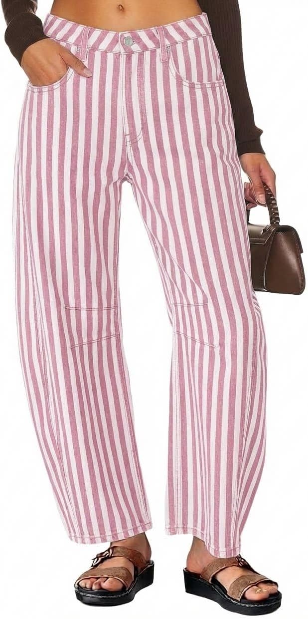 utcoco Women's Boyfriend Striped Barrel Leg Jeans Y2K Loose Fit Mid Rise Baggy Denim Pants