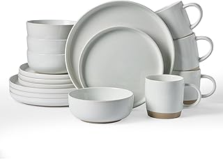 Famiware Milkyway Dinnerware Set with Mugs, Service for 4 (16pcs), Ribbed Stoneware Plates and Bowls Dishes Sets - Chip & Scratch Resistant, Microwave & Dishwasher Safe, Light Gray
