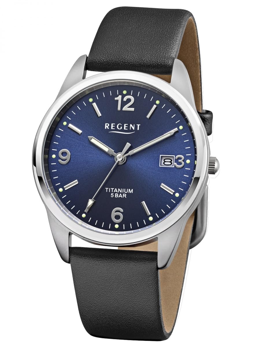 REGENT F-1680 zegarek męski tytanowy szary niebieski Sunray cyferblat skórzany pasek czarny 36 mm kwarcowy 5 ATM