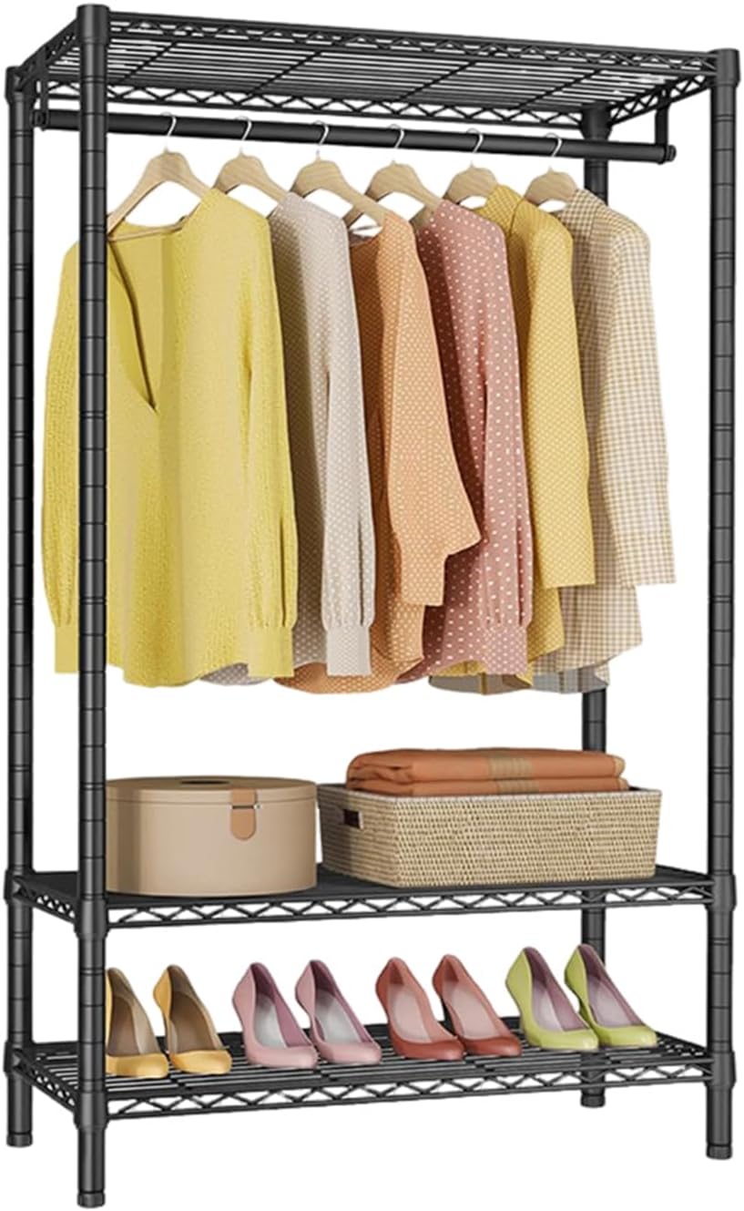 GarveeHome Heavy Duty Clothes Garment Racks Closet Organizer Portable Clothing Racks for Hanging Coat with Shelves Wardrobe Adjustable Freestanding Sturdy Metal Black Double Rods