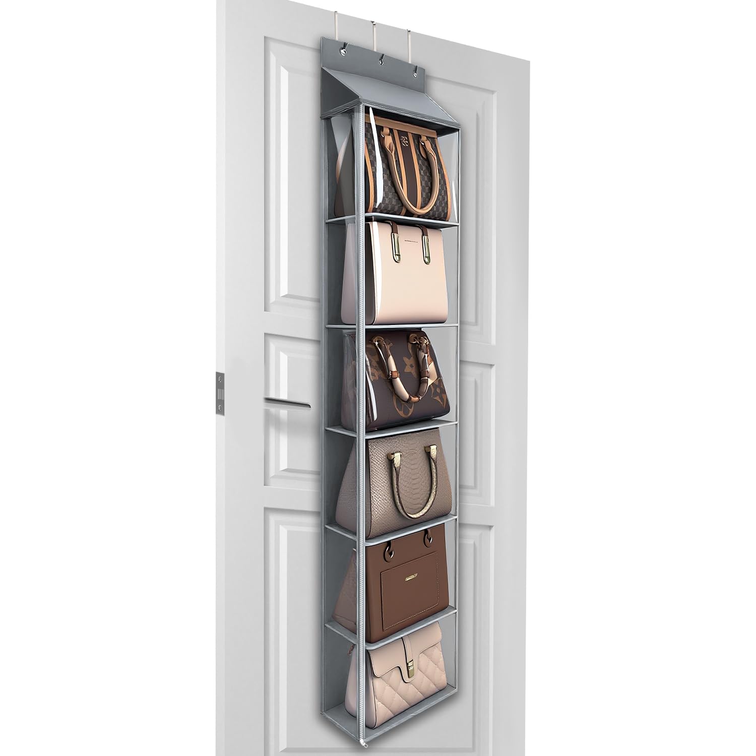 Lirex Over The Door Purse Organizer, 6-Pocket Handbag Hanging Organizer with Zipper, Clothing Closet Purse Hanger for Scarves, Hats, Leggings, S (30 x 12.8 x 131 cm/11.8'' x 5'' x 51.6''), Grey