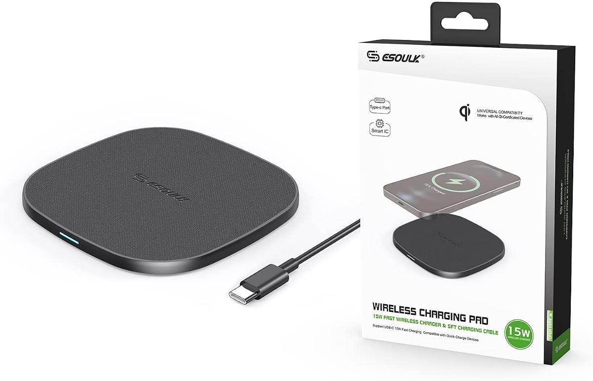 Black 15W QI Wireless Charger & 5FT Type-C Charging Cable Slim & Compact - Fast Charger - Charging Plug/Brick not Included - Compatible with iPhone Pro Max oneplus Galaxy Note Pixel Motorola