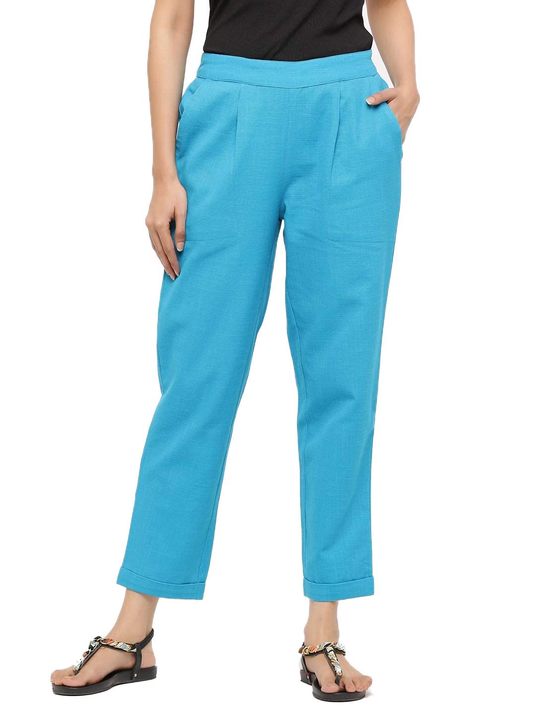 digital shopee Women Cotton Ankle Length Double Side Pocket Elastic Waist Regular Fit Trouser- Pack of 2-picture-55