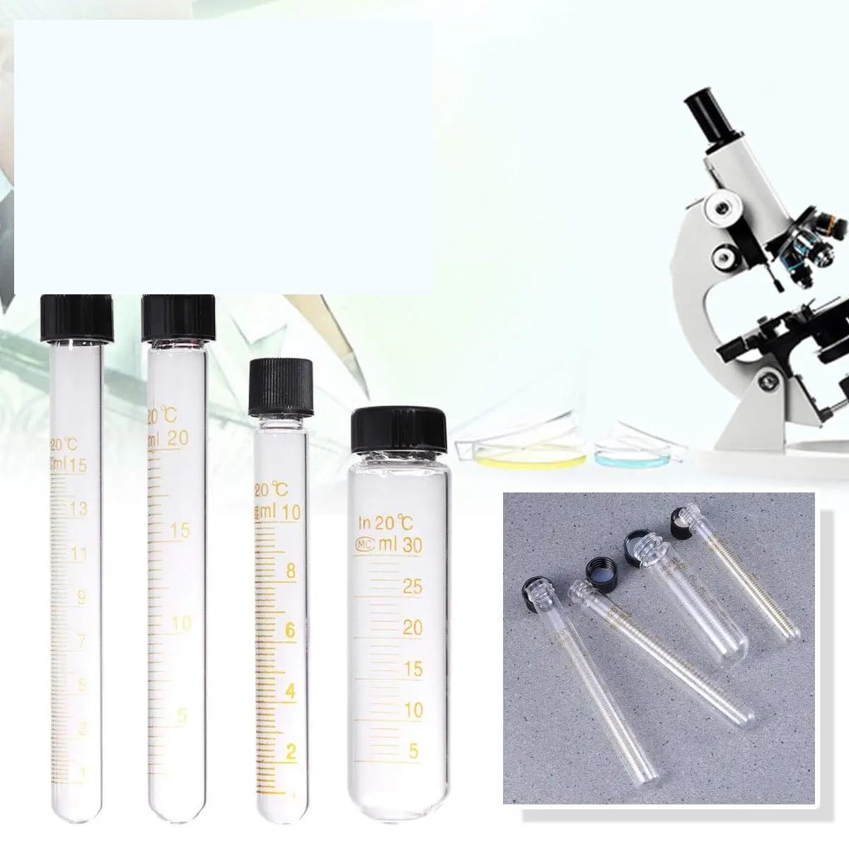Tubo de ensayo de centrífuga de vidrio, 5ml, 10ml, 15ml, 20ml, 25ml, 50ml, 100ml, tubo de ensayo de vidrio graduado, tubos de fondo redondo con tapón de rosca(20ml 8pcs)