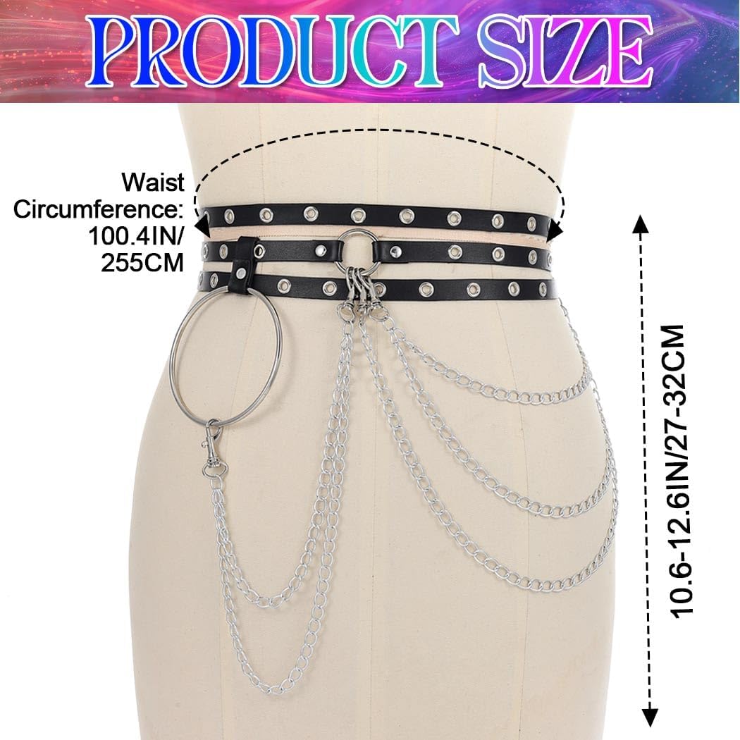 Nicute Chain Belt Black Punk Leather Waist Chain Belt Rave Accessories for Women - Image 2