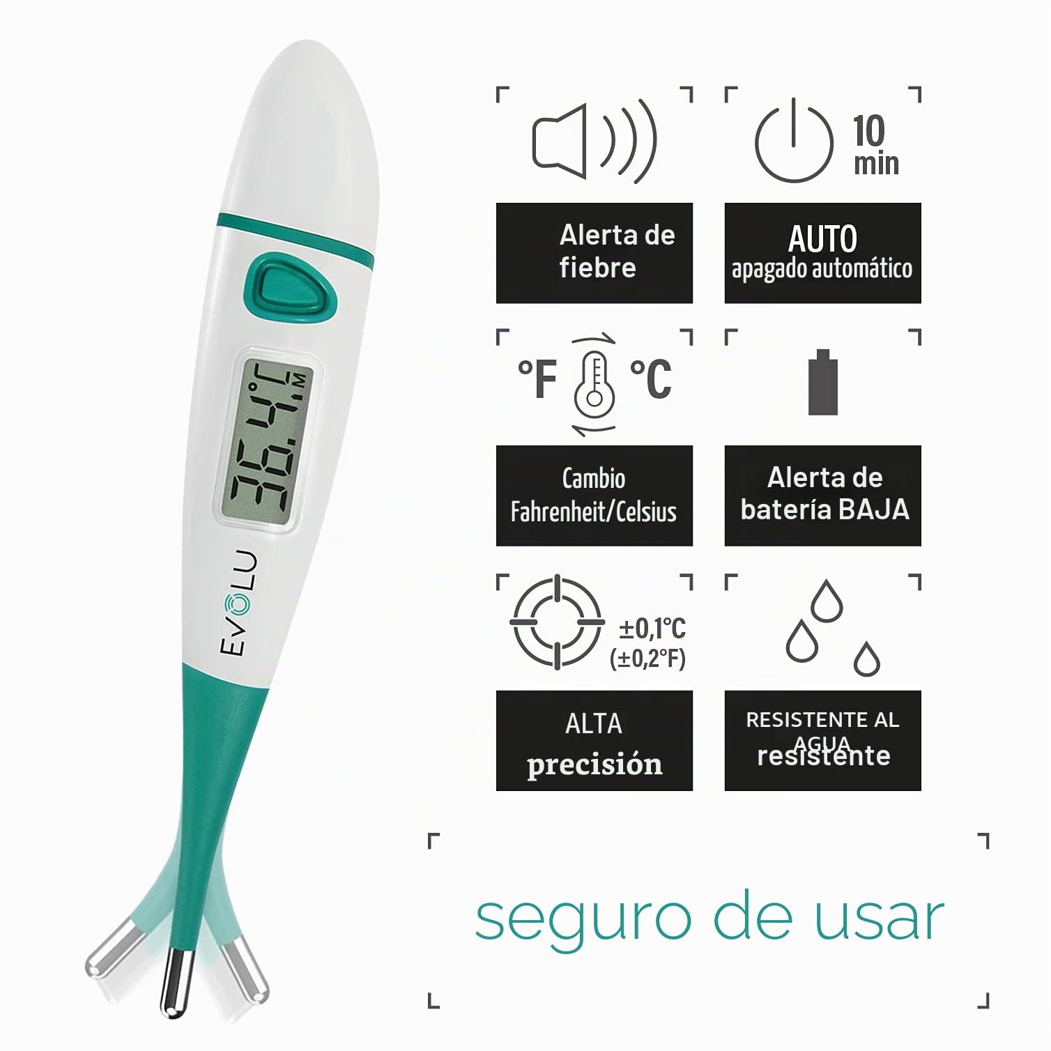 Evolu Termómetro digital - Mide la temperatura oral, rectal o axilar en 10 segundos - Punta flexible - Para bebés, niños, adultos - Exactitud hasta 0,1°C Pantalla de fácil lectura con funda