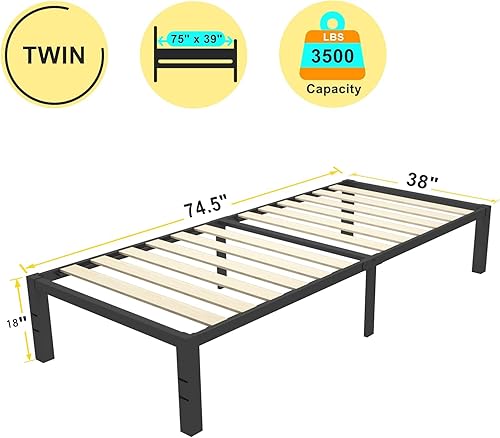 Miniatura 3 de ROIL Marco de cama de plataforma individual de 18 pulgadas, no necesita somier, 3500 libras de carga resistente marco de cama negro de metal con