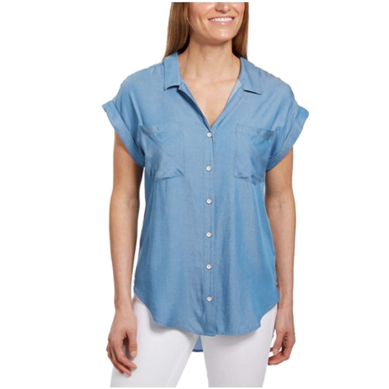 JACHS New YorkJachs Girlfriend Women's Quinn Cap Sleeve Button Front Blouse (Medium, Light Denim Chambray)