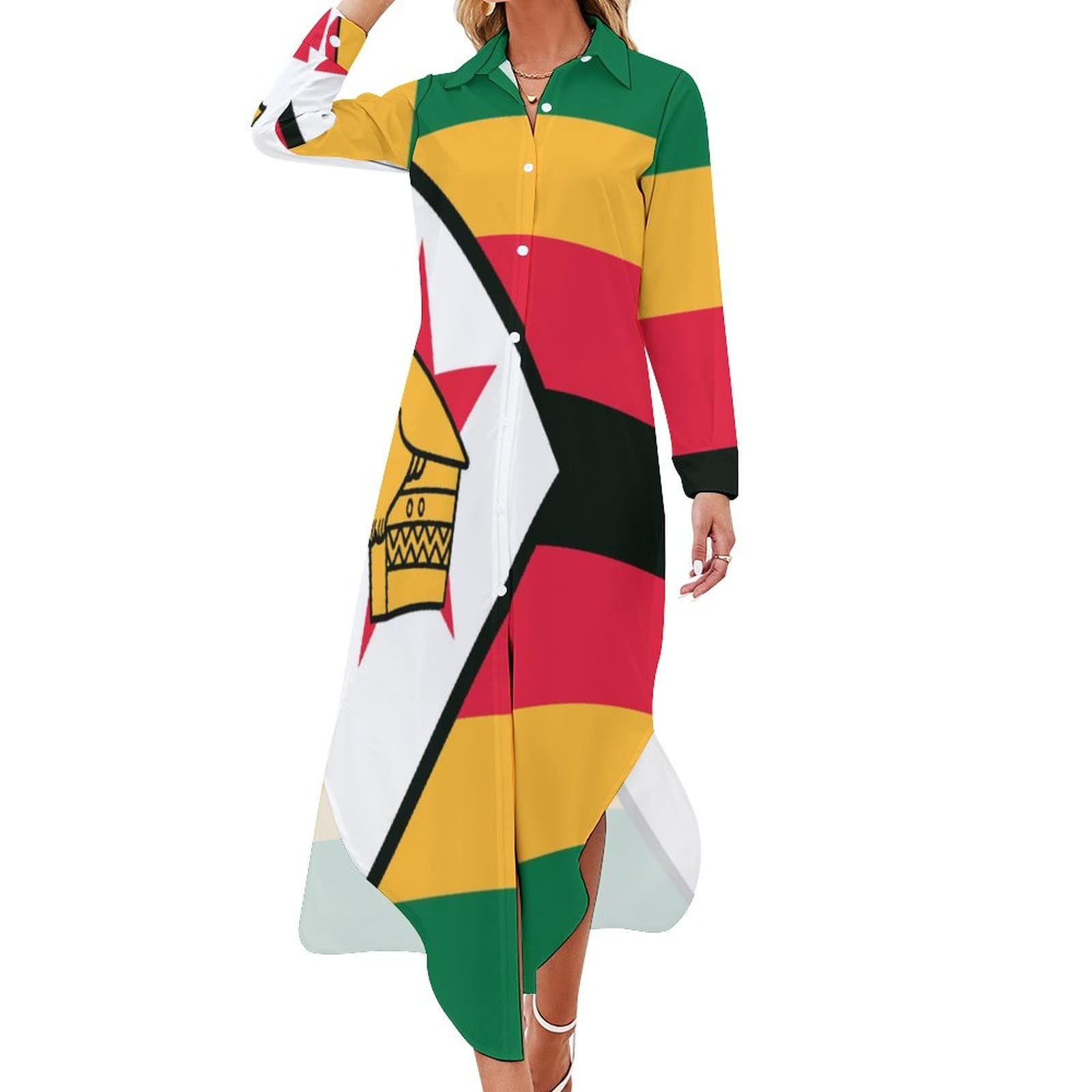 Zimbabwe Flag Women's Shirt Dress Long Sleeve Button Down Casual Long Maxi  Dress Blouse Dresses S : Amazon.co.uk: Fashion