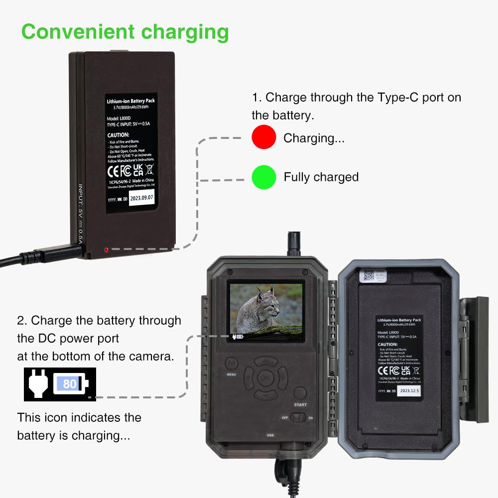 GardePro L800D Batería Recargable de Litio de 8000mAh para Cámara de Caza GardePro E6 2.0 Pro, E6P, E6PMB, E8 2.0 Pro, E8P, E8PMB, E9 2.0 Pro, X50 Pro Max, X70 Pro, Puerto de Carga Tipo-C