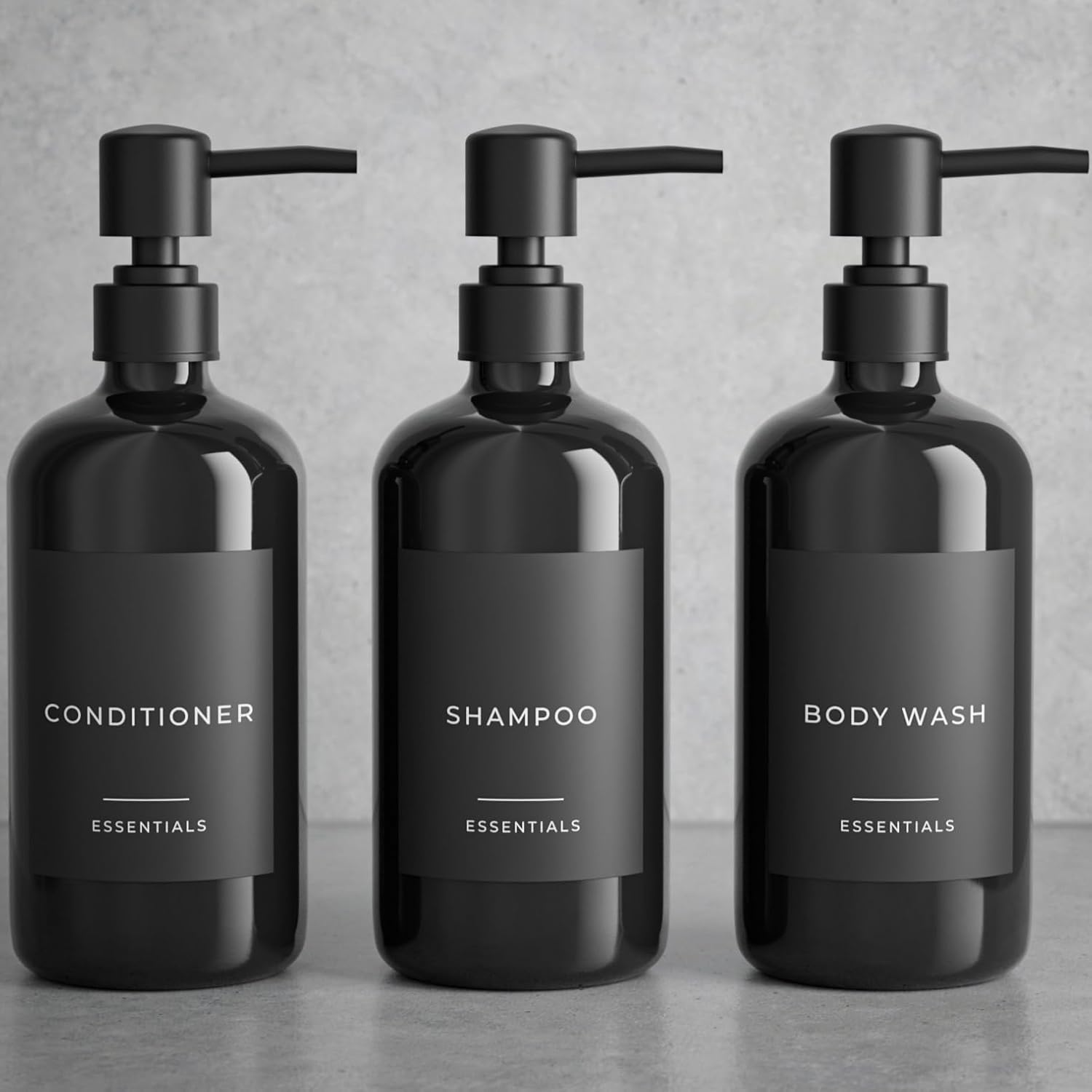 Stylish shampoo and conditioner dispenser set of 3 – modern 21oz shower soap bottles with pump and labels – easy to refill body wash dispensers for an instant bathroom decor upgrade