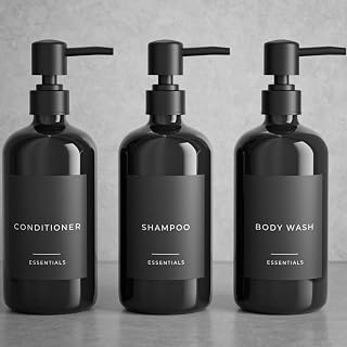 KIBAGA Black Shampoo Conditioner Body Wash Dispenser Set of 3 - 21oz Refillable Pump Bottles with Labels & Funnel for Luxe Bathroom Organization