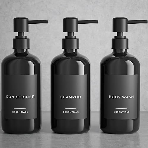 Elegante dispensador de champú y acondicionador - Juego de 3 botellas de jabón de ducha modernas de 21 onzas con bomba y etiquetas, dispensadores de