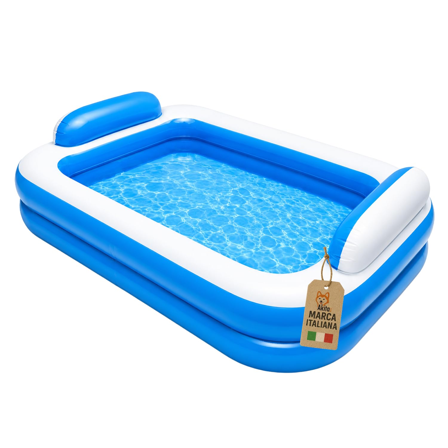 Akitaink Piscina Gonfiabile Rettangolare 266x175x50 cm con Cuscini Integrati, in Vinile Resistente per Bambini dai 3 Anni, Colore Azzurro e Bianco