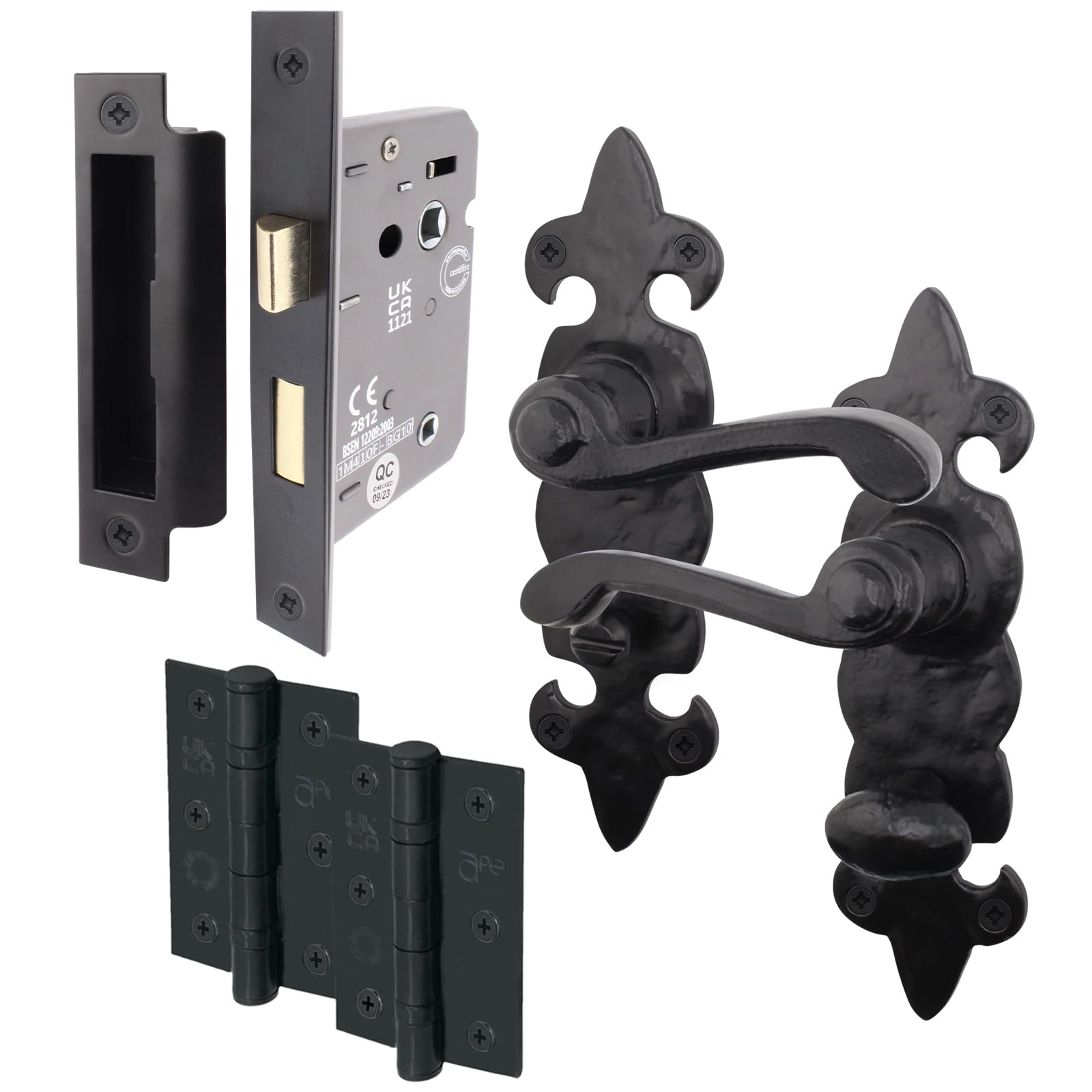 Eai Black Antique Black Fleur De Lys Bathroom Door Handle Set | 1 Pair Of Cast Iron Internal Lever Handles On Backplate With Hinges (76Mm) & Lock (80Mm)