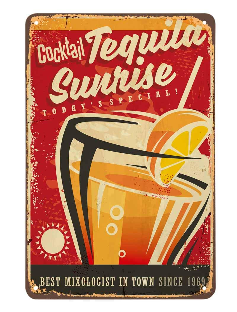 AOYEGO Wine Drink Tin Sign,Tequila Cocktail Sunrise Best Mixologist in Town Red Vintage Metal Tin Signs for Cafes Bars Pubs Shop Wall Decorative Funny Retro Signs for Men Women 8x12 Inch
