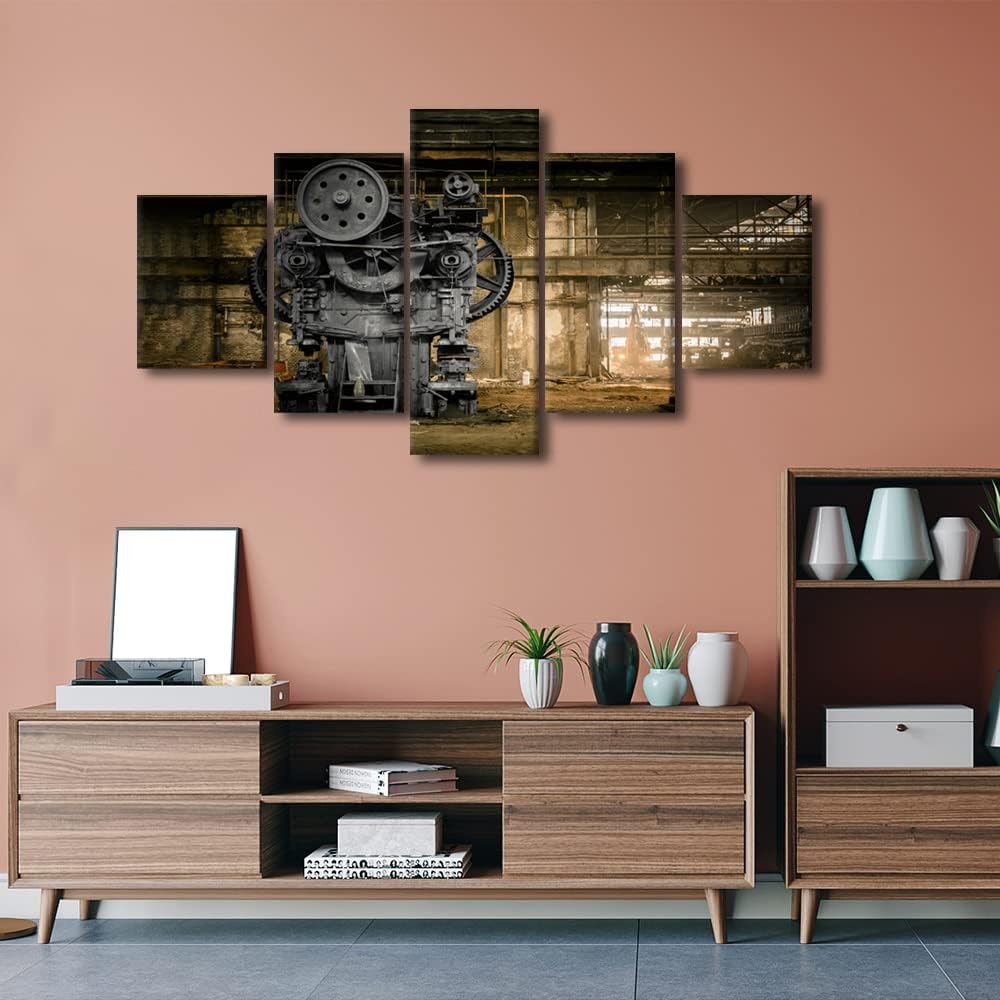 5 Panels Steampunk Wall Art Machine Old Factory Posters Art Prints Canvas Stretched and Framed Architecture Artwork Wall Paintings Canvas Wall Art for Living Room Home Decor Ready to Hang 60" Wx32 H