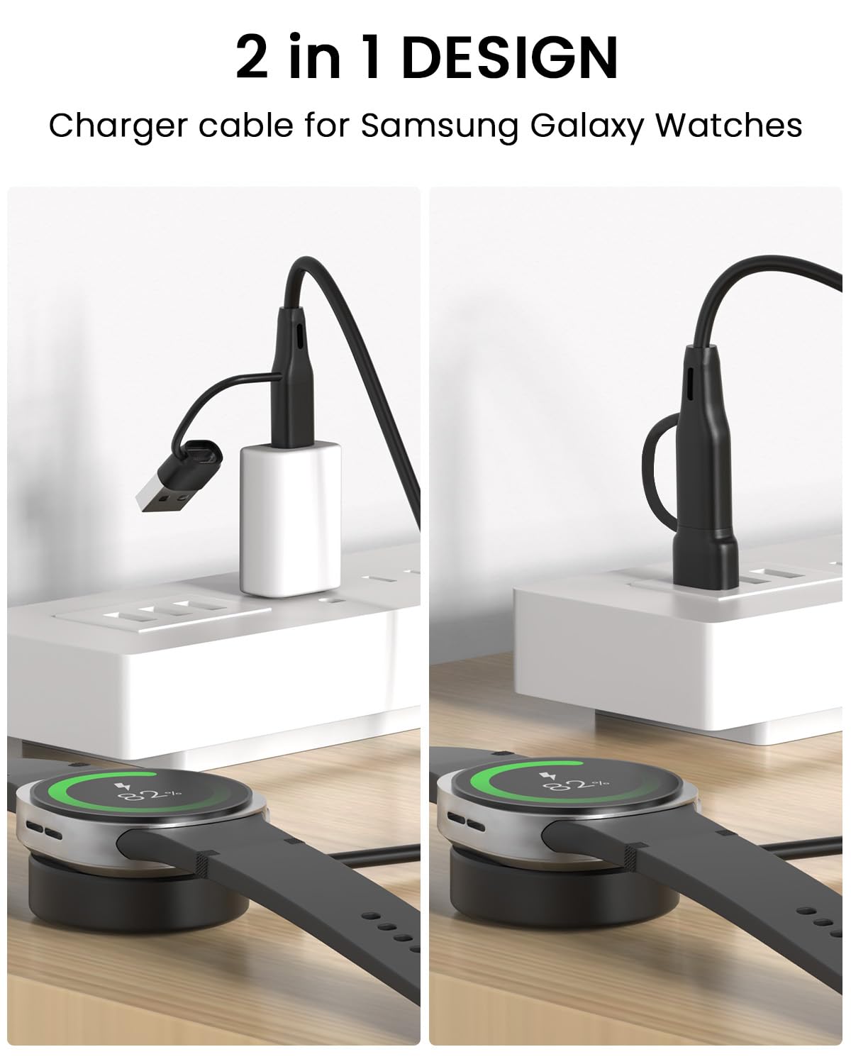 Caricabatterie 2 in 1 per Samsung Galaxy Watch 8/8 Classic/7/Ultra 1,9 m USB C/A Cavo di ricarica di ricambio per Galaxy Watch FE/6/6 Classic/5 Pro/5/4/4 Classic/3/Active 2/Active Dock di