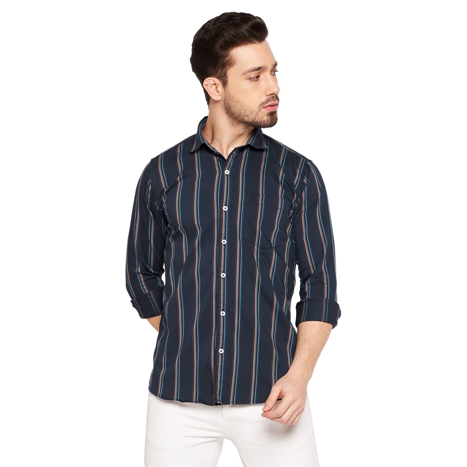 DukeStardust Men Slim Fit Striped Spread Collar Casual Shirt