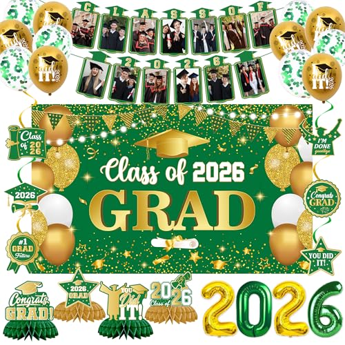 Image of Holkcog 2026 Graduation Decorations, Green Gold Class of 2026 Congrats Graduation Backdrop, Balloons, Honeycomb ornament for Graduation Party Decorations, Outdoor Indoor Grad Party Decor Supply