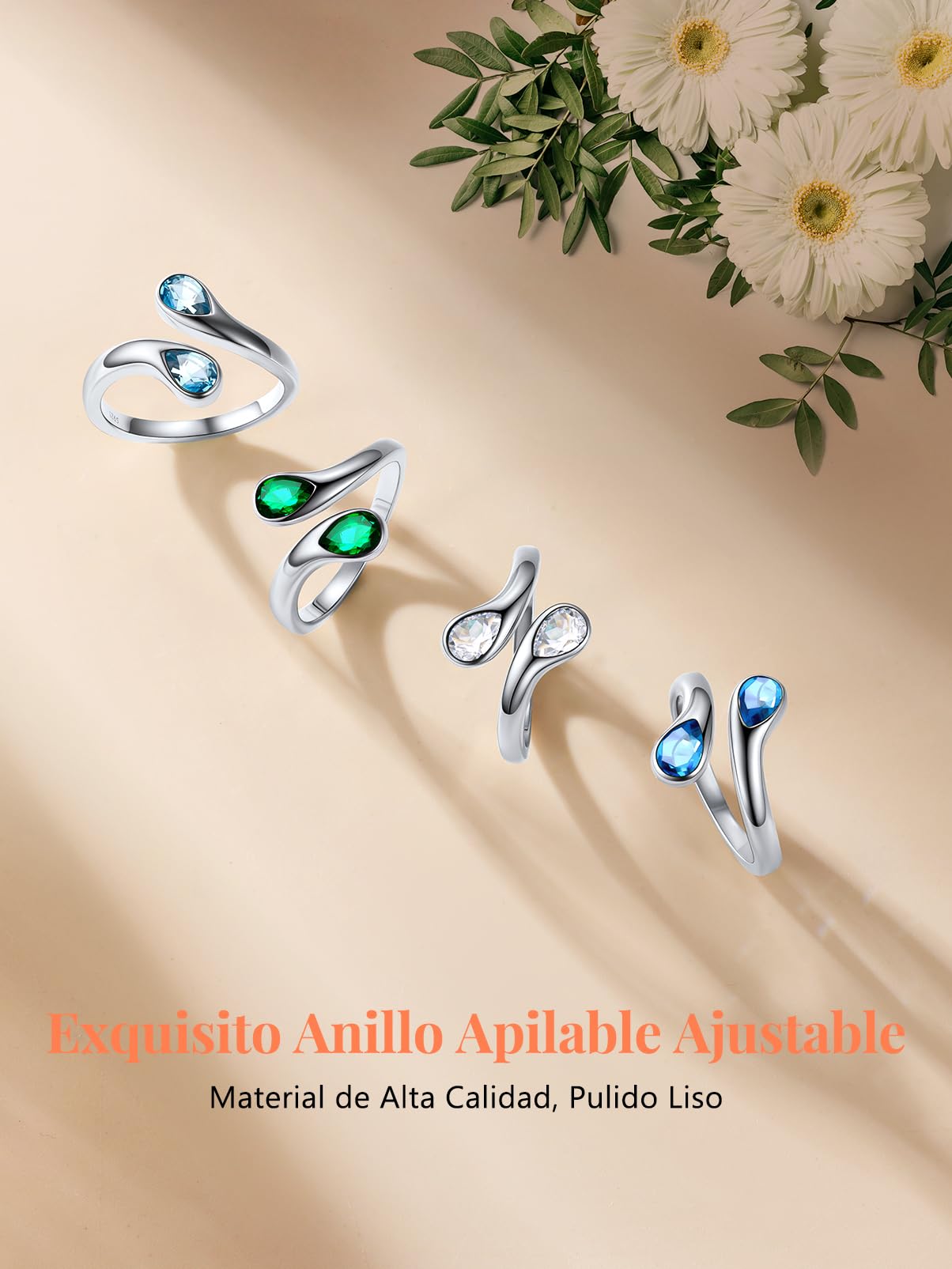 Silvora Plata 925 Anillo Ajustable Mujer Regalo Compromiso Alianza Pareja | Piedra Gota de Agua Circonita Brillante de 12 Colores Material Hipoalergénico Plata de Primera Ley Joyería Delicada Dedo Mano