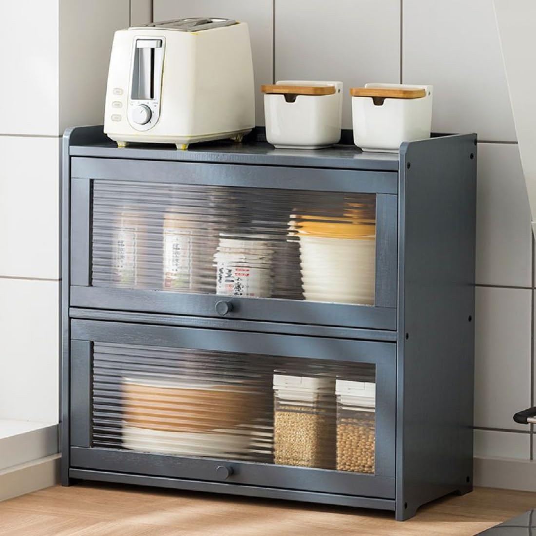 Countertop Kitchen Storage Cabinet, 2-Tier Bamboo Pantry Sideboard Small Dining Cupboard with Flip-Top Hovering Door Organizer Shelf for Spice Condiment Bowl-image-43