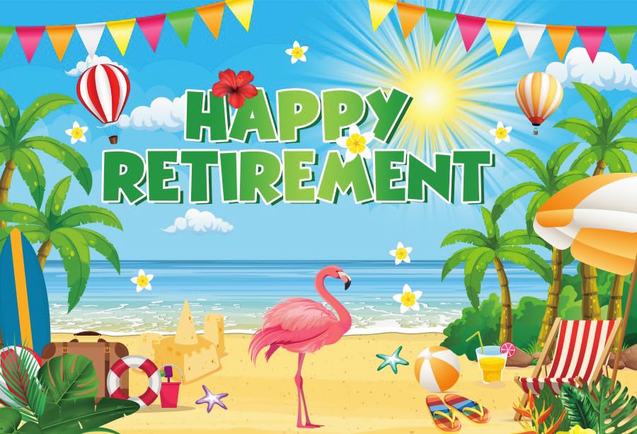 Canessioa Retirement Backdrop Party Decorations Happy Retirement Banner for Men 10x8ft Summer Beach Flamingo Tropical Hawaiian Theme Photography