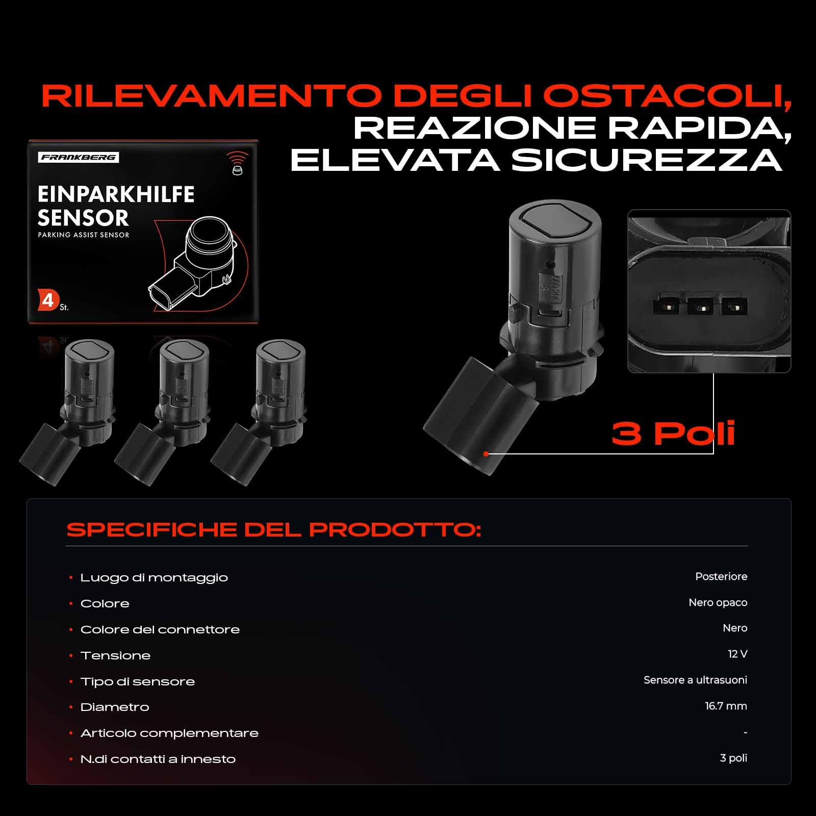 Frankberg 4 sensori di parcheggio anteriori e posteriori 358141251 | Compatibile con: A6 4B2 4B4, A4 Cabriolet 8H7, A6 Avant 4B5 4B6, A4 Cabriolet 8H7 B6 8HE B7, A6 4B2 C5, Allroad 4BH