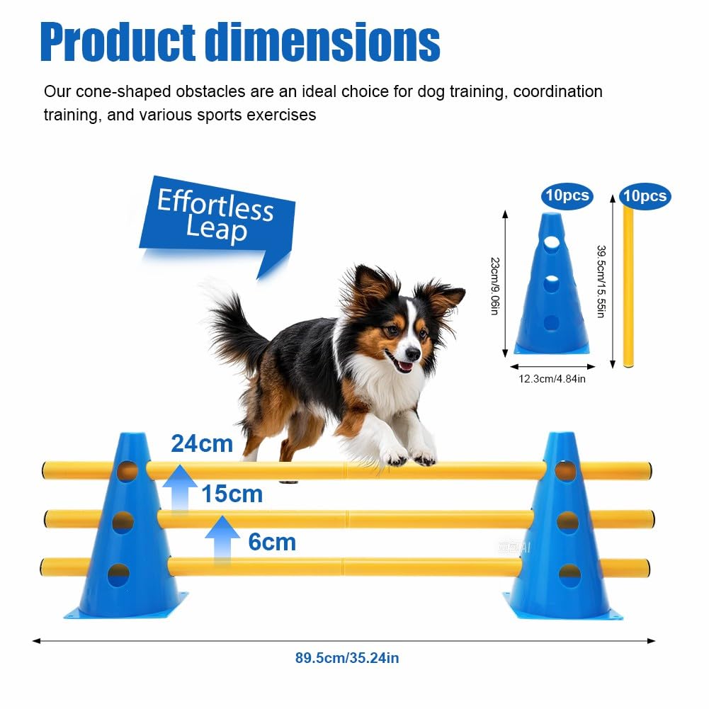LOMUG Agility Lot de 5 obstacles d'agilité pour chien, enfant, kit de 5 obstacles pour chevaux, parcours canins, cônes, obstacles d'entraînement réglables, avec barre de 80 cm et 10 cônes