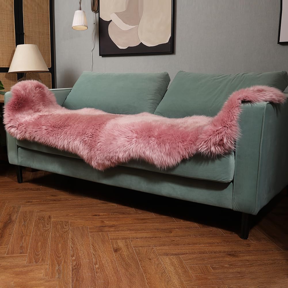 Premium Genuine Fur Sheepskin Rug Real Australia Sheepskin Natural Luxury Fluffy Lambskin Fur Area Rug Seat Covers for Kids Bedroom Sofa Chair Cover (Light Pink, Double Pelt/2ft x 6ft)