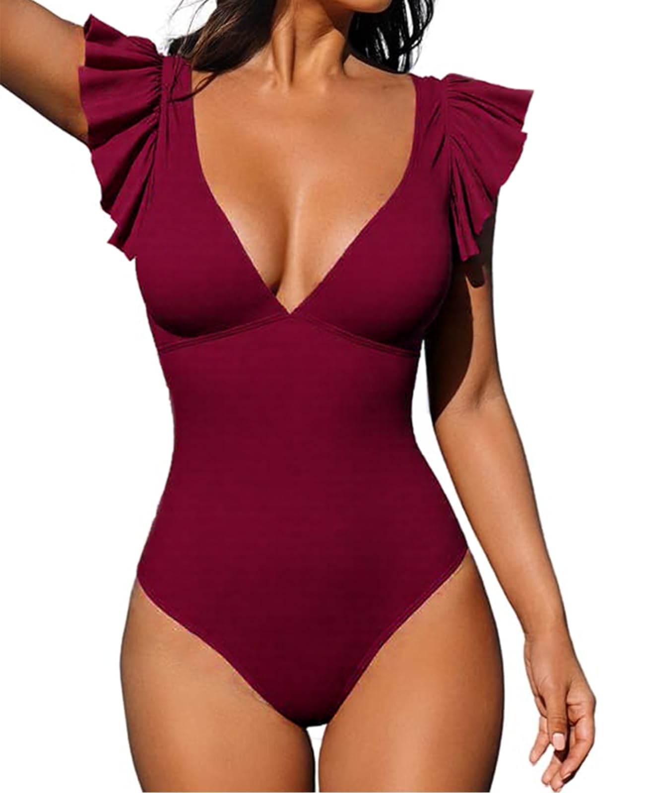 Damen Badeanzug mit Rüschen V Volant-Ausschnitt Monokini Volants Bademode Swimsuit Shape Badeanzug mit Strandbikini Monokinis(Burgundisch,XL)