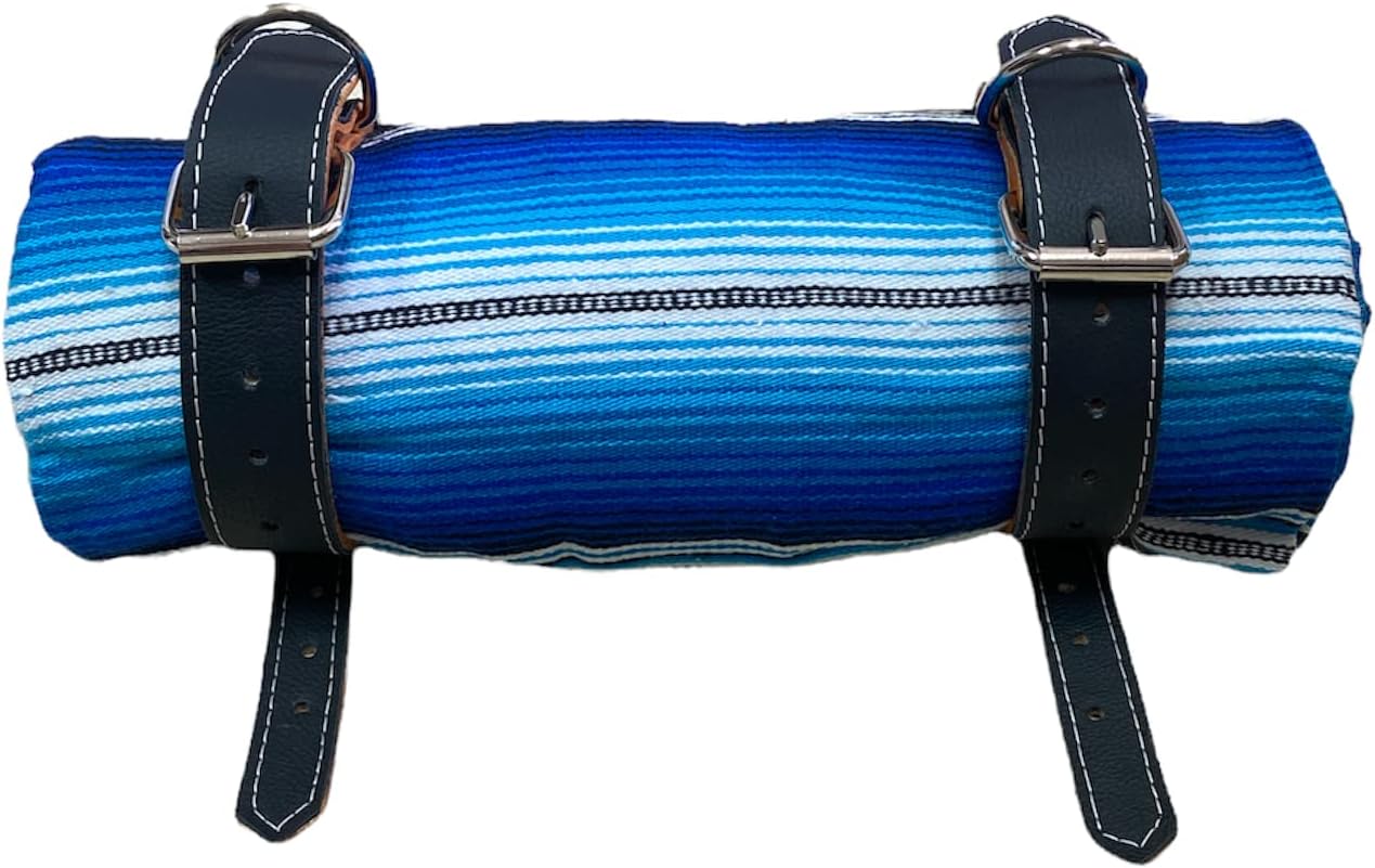 BLACK MOTORCYCLE BELT WITH BLANKET, BLANKET HOLDER, BIKER, MEXICAN,HAND MADE, REAL LEATHER, INCLUDES SARAPE, MOTORCYCLE, BIKE, BIKER, BLUE MIX BLANKET