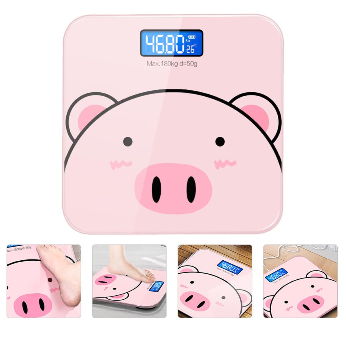 Báscula Electrónica de Peso Corporal Rosa Dibujos Animados | Cristal Templado Precisión de 2 Decimales Pantalla Lcd Nocturna Carga USB Batería