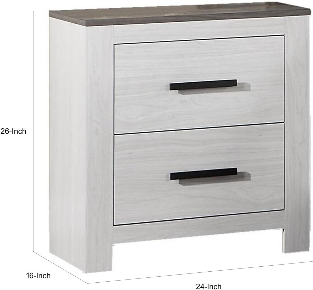 Eclectic Elegance 26 Inch Nightstand with 2 Drawers White Wood Finish Gray Top Black Bar Handles Glider Tracks Panel Legs