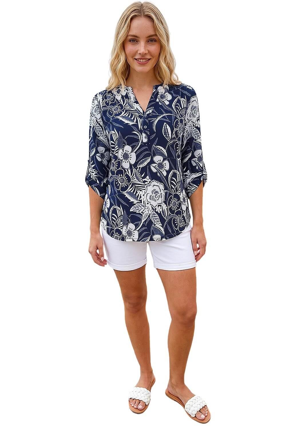 Roman Textured Floral Print V-Neck Stretch Shirt - Navy