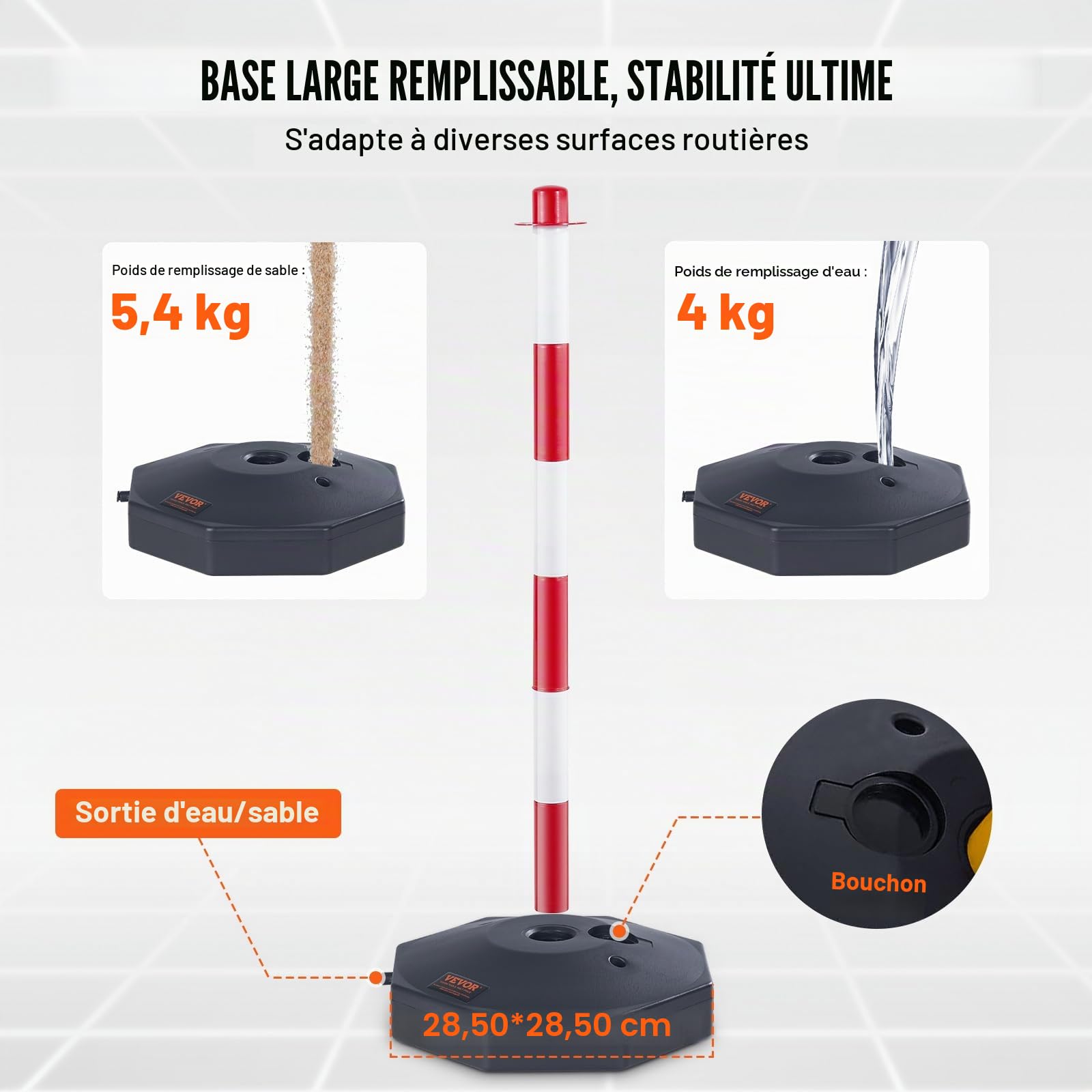 VEVOR Poteau de Signalisation 4PCs Poteau de Délimitation sur Socle Remplissable Hauteur Réglable Cône de Signalisation Longue Chaine 2,4 m pour Contrôle de Circulation Chantier Parking Rouge et Blanc