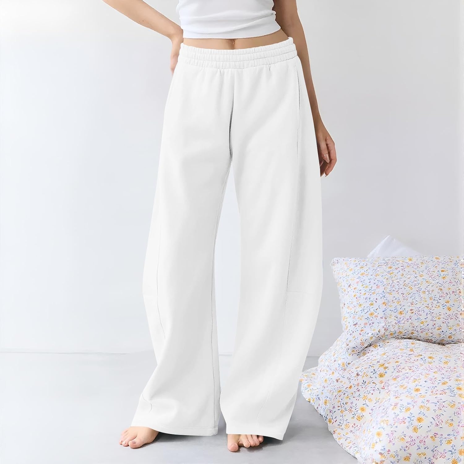 Wide Leg Pants Woman Casual Sweatpants with Pockets for Women Drawstring High Waist Loose Soft Stretch Trousers