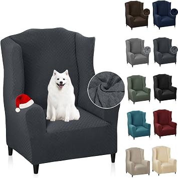 MAXIJIN Wingback Chair Covers 1-Piece Stretch Wing Chair Covers Soft Thick Wingback Armchair Slipcover Non-Slip High Back Chair Furniture Protector Washable Wing Chair, Dark Gray