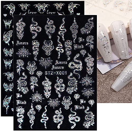 3D Laser Silver Butterfly Nail Stickers Spring Nail Art Stickers Punk Metallic Aurora Silver Black Butterfly Nail Decals Snake Butterfly Stickers For Nails Diy Women Nail Accessories Nail Decor, 6Pcs #TOP3