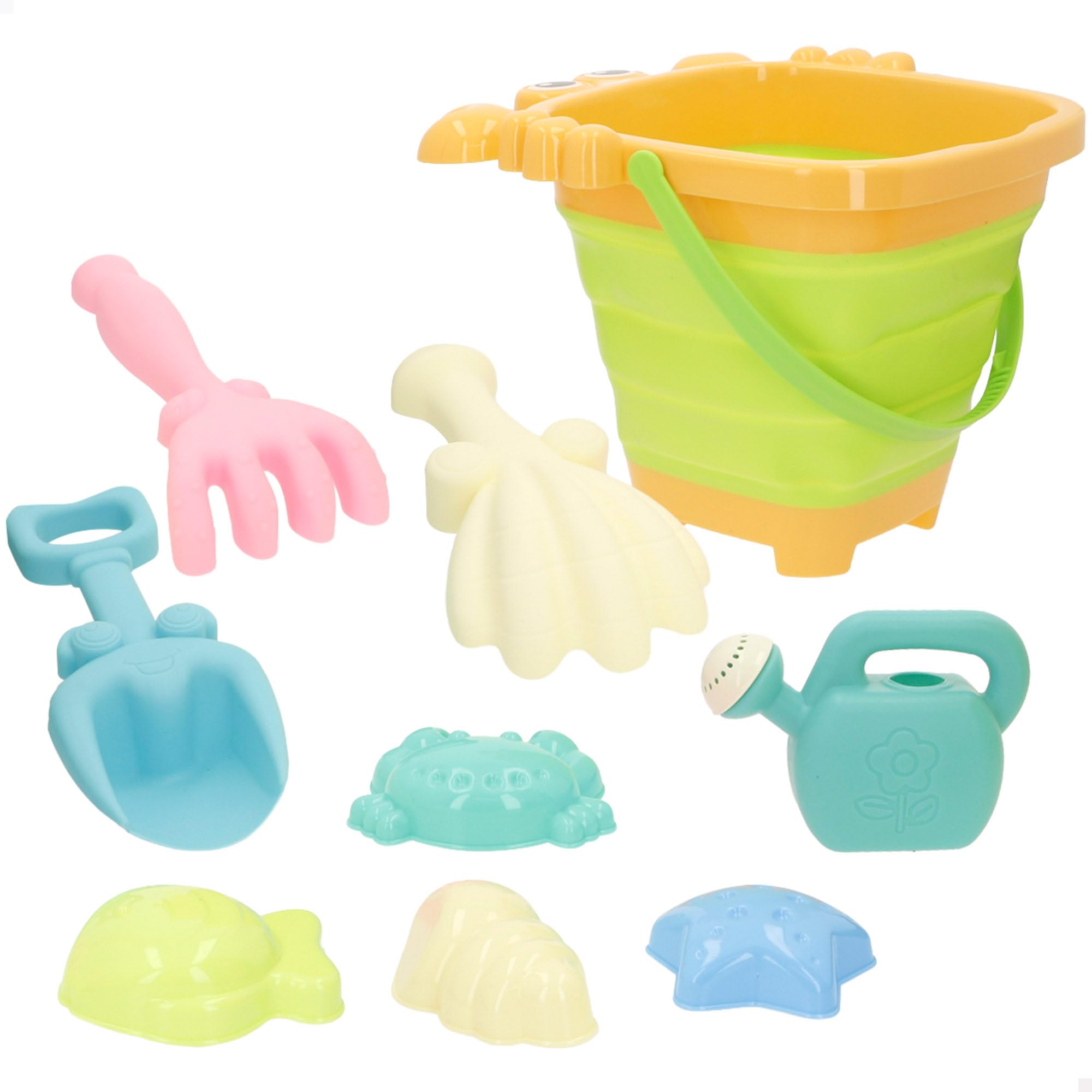 Set De Playa Color Beach Cangrejo | Cubo De 14 Cm, Pala, Rastrillo, Moldes De Animales Y Red Con Asa | Para Niños Desde 18 Meses