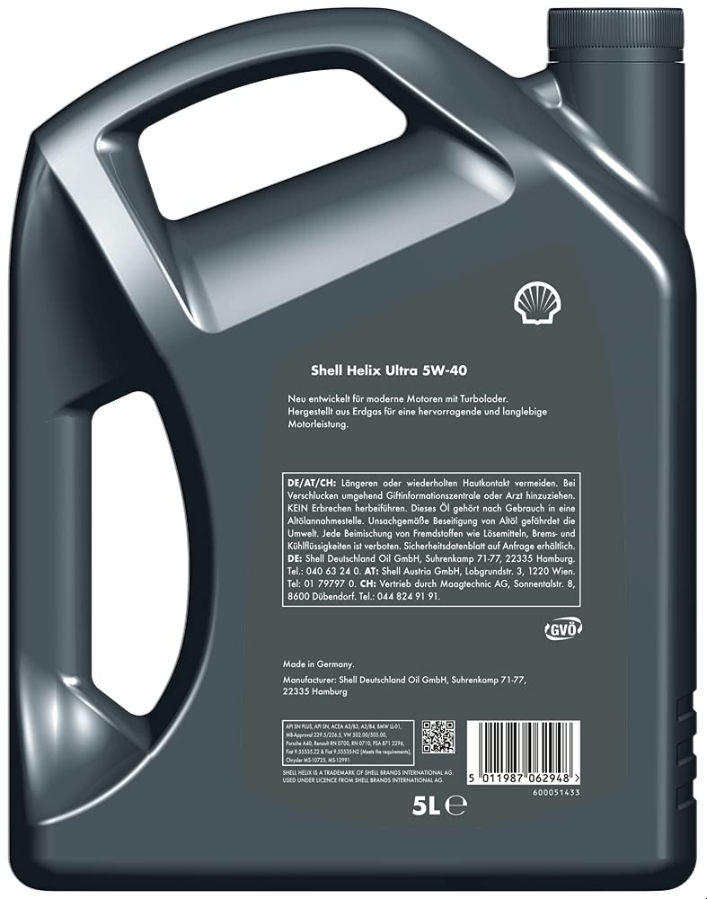 SHELL Aceite de motor 5W-40 Helix ACEA A3/B3 ACEA A3/B4 API SN API CF Ultra 5L Compatible con VW Polo V Hatchback 6R1, 6C1 up! Hatchback 121, 122, BL1, BL2, BL3, 123, PEUGEOT 208 I Hatchback CA, CC
