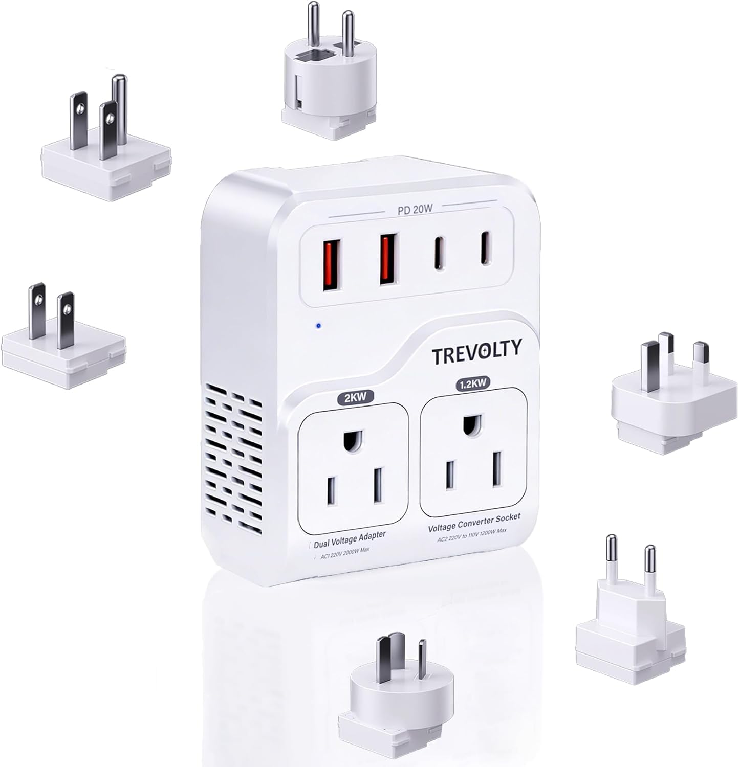 Photo 1 of 2000W Voltage Converter US to Europe for Hair Dryers, 7-in-1 220V to 110V Converter for European Travel with 3 AC/2 USBA/2 USBC Ports (PD20W), European Travel Adapter (White)