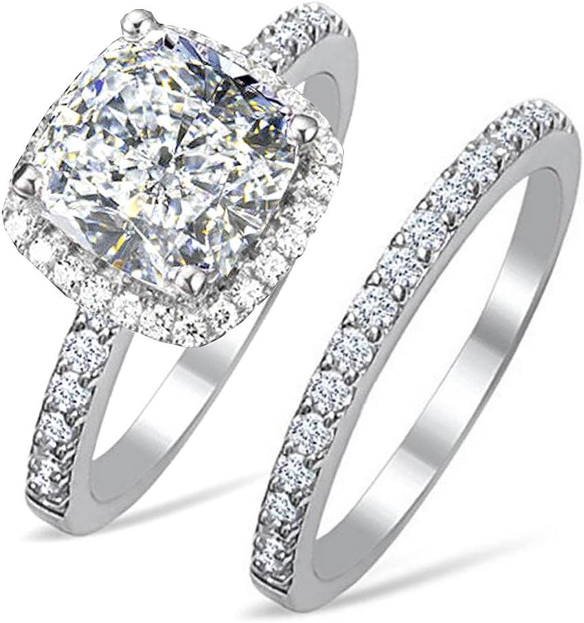 Diamonbella101 facets 2 Carat Princess Cushion Cut NSCD Simulated Diamond Ring Band Set Solid 925 Silver Halo DBCUSHSET7