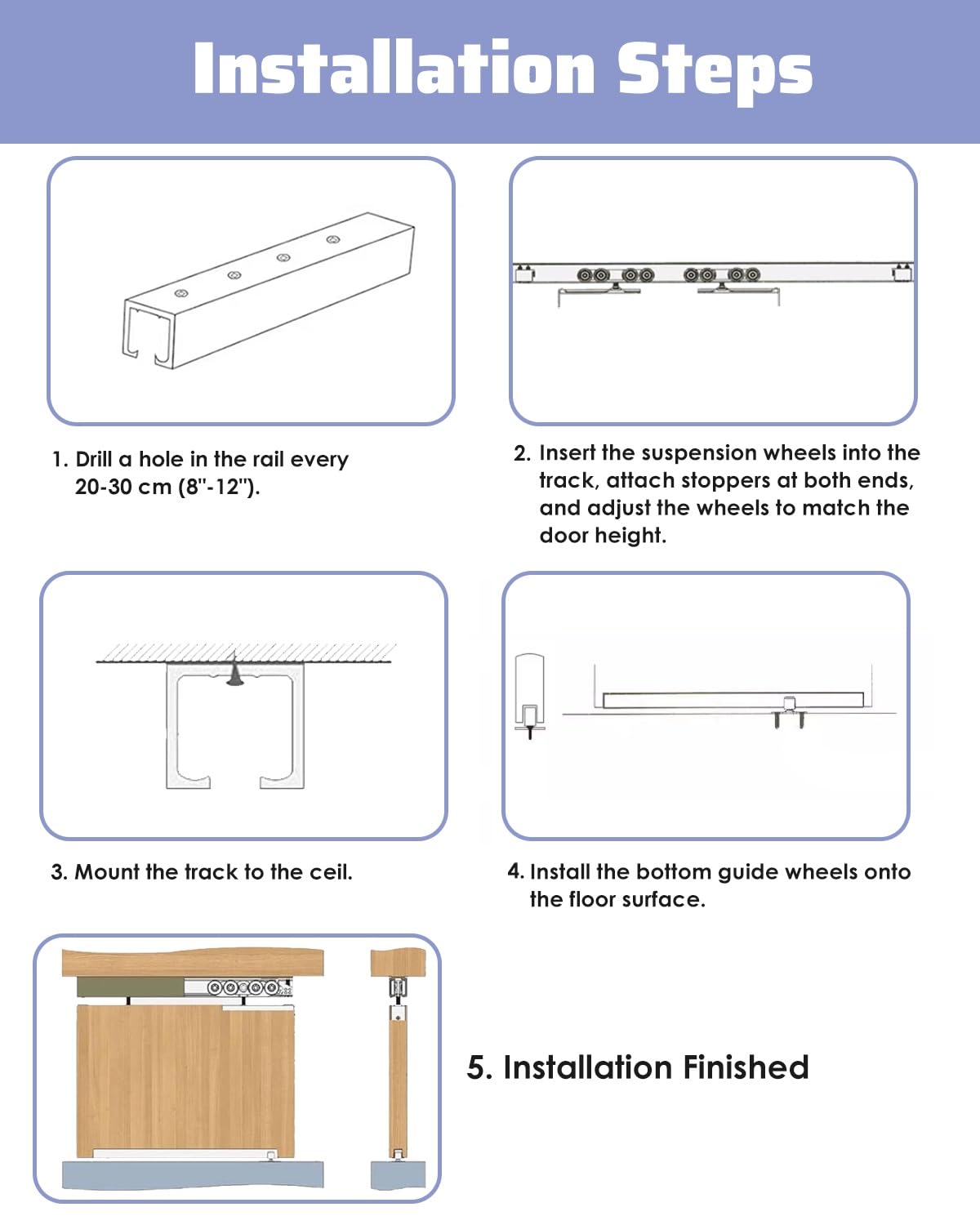 Rail Porte Coulissante Kit de Rail Coulissant pour Porte Placard à Double Contour Renforcé, Quincaillerie pour Fantôme Grange et Armoire pour Portes Coulissantes en Bois(Silver,4.1ft/125cm)