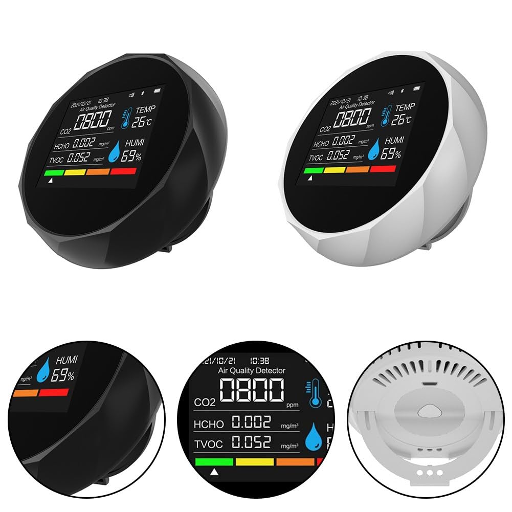 Détecteur de dioxyde de carbone 6 en 1 Moniteur de qualité de l'air avec mesure de la température et de l'humidité TVOC, connectivité smartphone, alertes de couleur et alarme sonore, noir ou