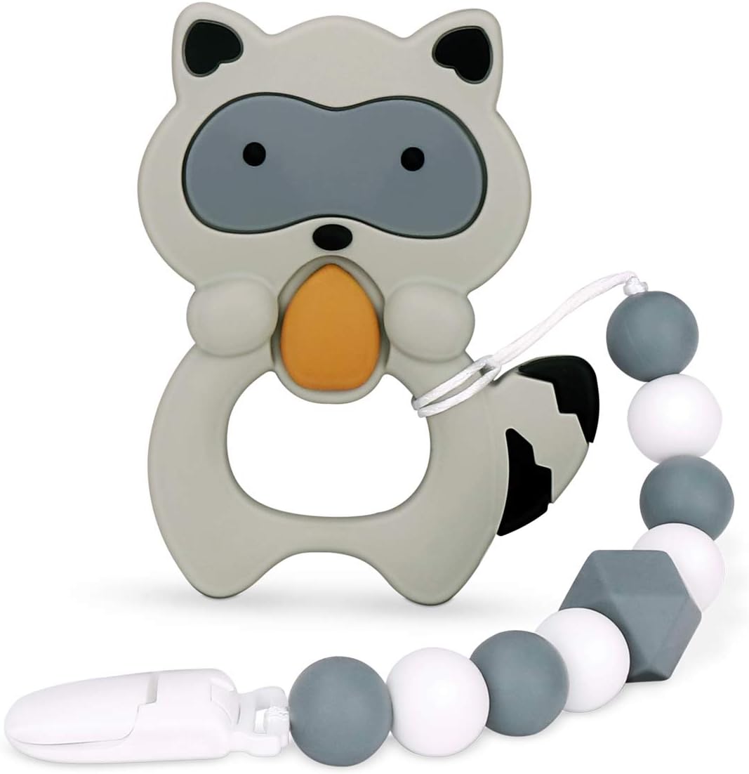 Baby Teething Toys, Teething Pain Relief, Silicone Teether with Pacifier Clip Natural BPA Free Raccoon for Freezer - Best Newborn Shower Gifts for Trendy Boy or Girl…