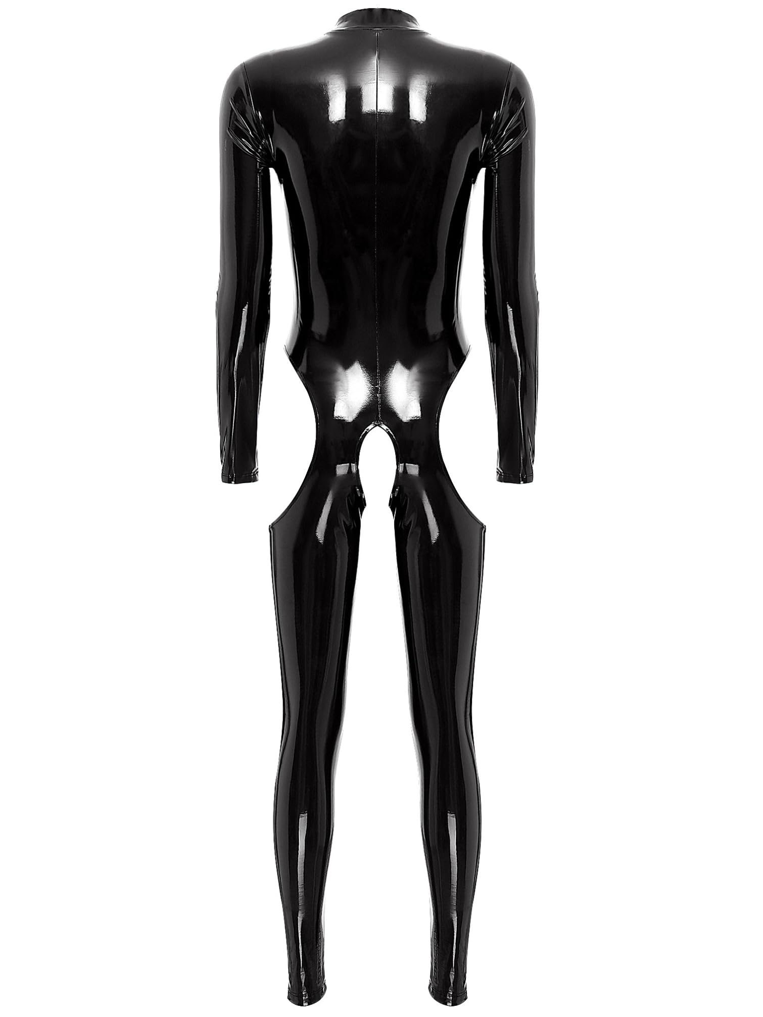 TiaoBug Damen Wetlook Bodysuit Ouvert Hose Latex Catsuit Lack Leder Overall Jumpsuit Langarm Shirt Top Hot Pants Sexy Dessous Gogo Clubwear