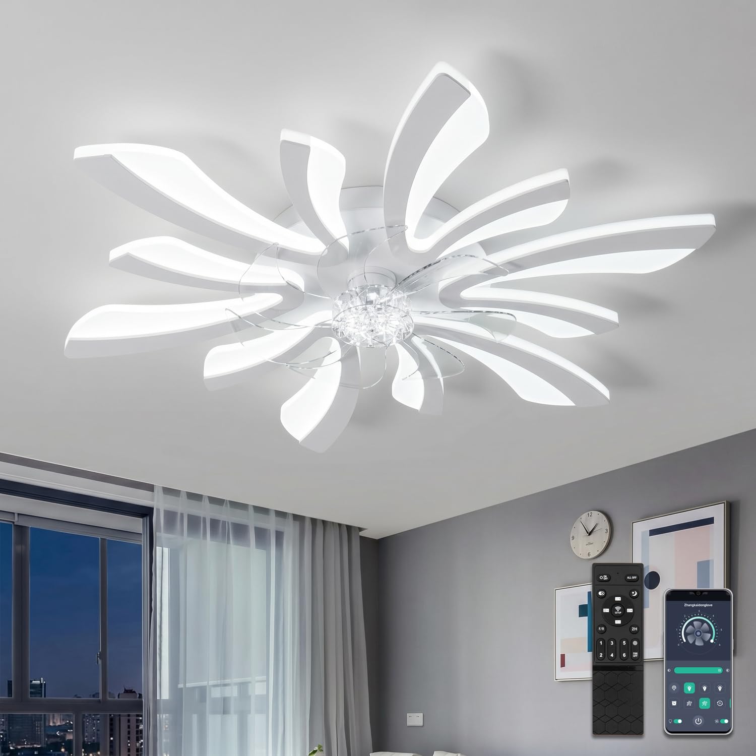 YUNLONG 30.7" Ceiling Fans with Lights and Remote Large Ceiling Light Fan Chandelier Dimmable 6 Speed DC Summer/Winter Ceiling Fans with Lamps Modern Ceiling Lighting for Bedroom Living Room Lounge — image 1